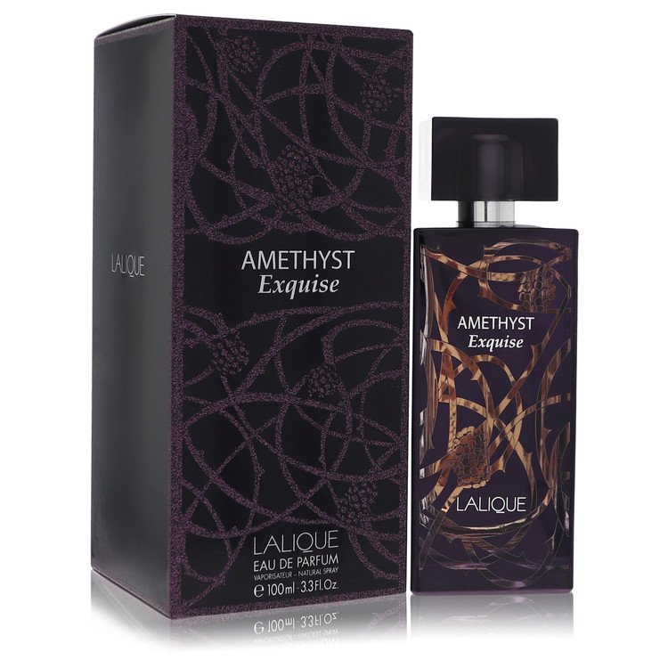 Lalique Amethyst Exquise eau de parfum spray in clear glass bottle with gold accents, displayed on a white surface by The Fra