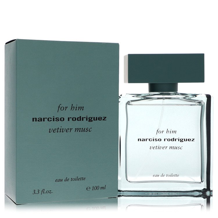 A clear glass bottle with a black cap and gold accents, featuring the Narciso Rodriguez logo, standing on a white surface by