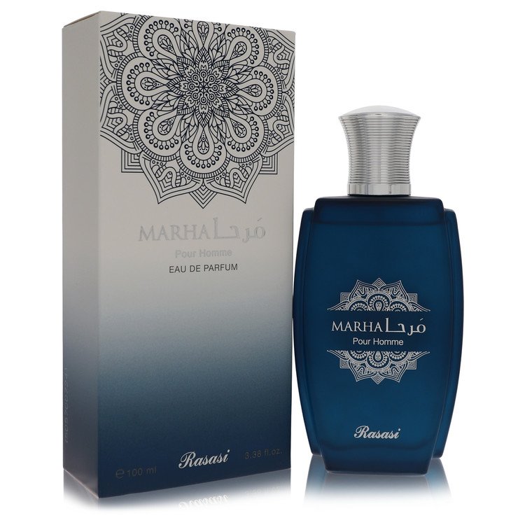 Blue glass bottle with gold cap, standing on a wooden surface, labeled Rasasi Marha Eau De Parfum Spray for Men by The Fragra