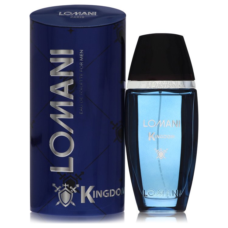 A blue glass bottle with gold lettering on a white background, labeled Lomani Kingdom Eau de Toilette Spray 3.3 oz for Men by