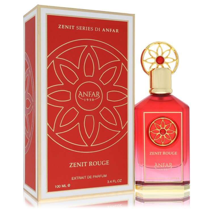 A red glass perfume bottle with gold accents, standing on a white surface, labeled Anfar Zenit Rouge Extrait De Parfum Spray