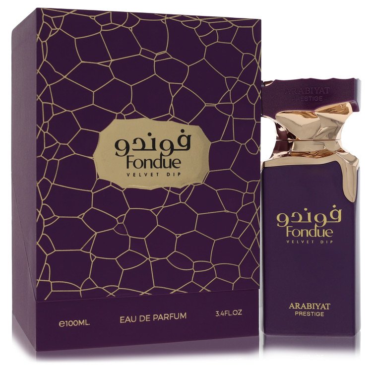 A vertical velvet bottle of Arabiyat Prestige Fondue Velvet Dip Eau de Parfum Spray in gold accents for women by The Fragranc