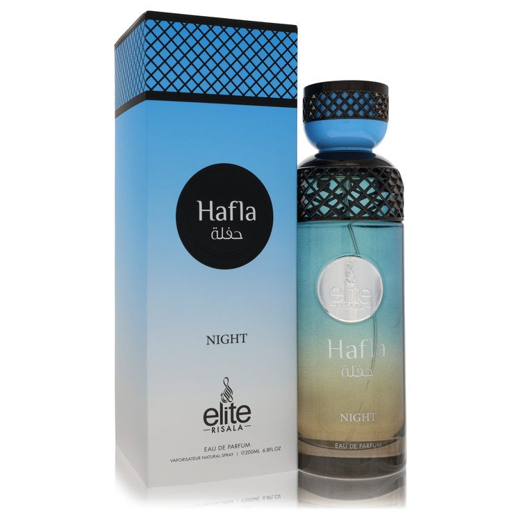 A dark blue bottle with gold accents and a sleek design, standing on a wooden surface, labeled Risala Elite Hafla Night Eau D