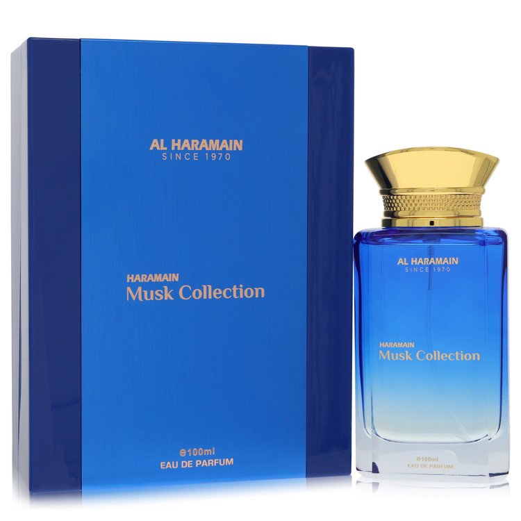 A dark glass bottle of Al Haramain Musk Collection Eau De Parfum Spray 3.3 oz / 100 ml for Men with a minimalist label by The