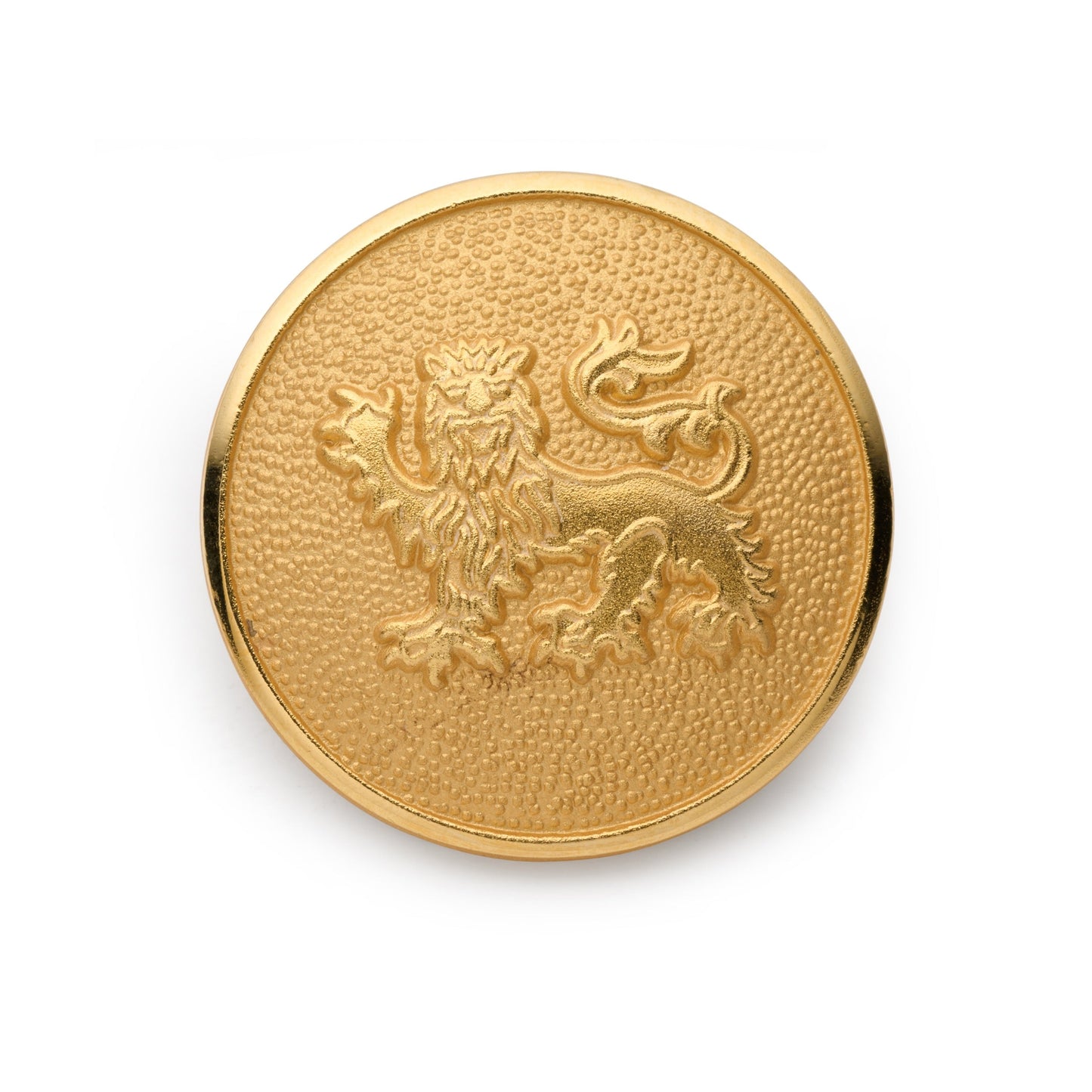 A gold-toned lion passant guardant blazer button with a detailed engraving, shown against a dark background, by Benson & Cleg