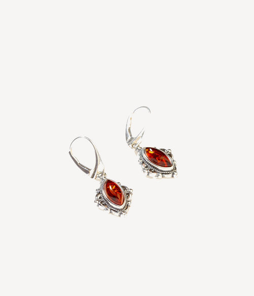 Silver Amber Boho Drop Earrings with marquise-shaped amber stones, intricate silver detailing, perfect for bohemian style, SKU: 04A622