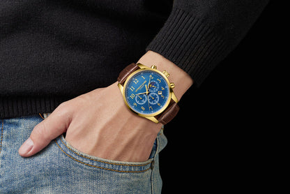 Hand Assembled Anthony James Limited Edition Moonphase Chronograph Gold Blue - SJR London Timepiece
