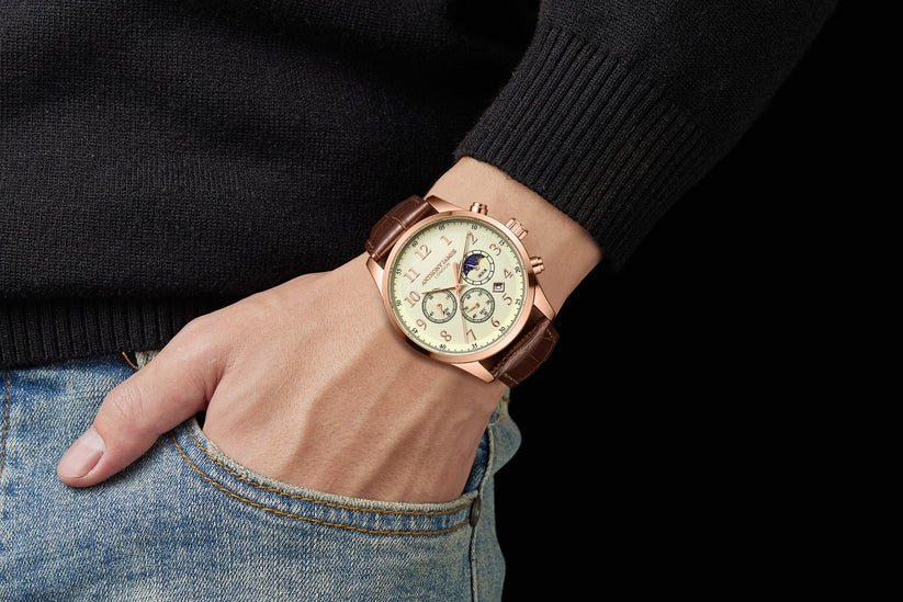 Hand Assembled Anthony James Limited Edition Moonphase Chronograph Rose White - SJR London Timepiece