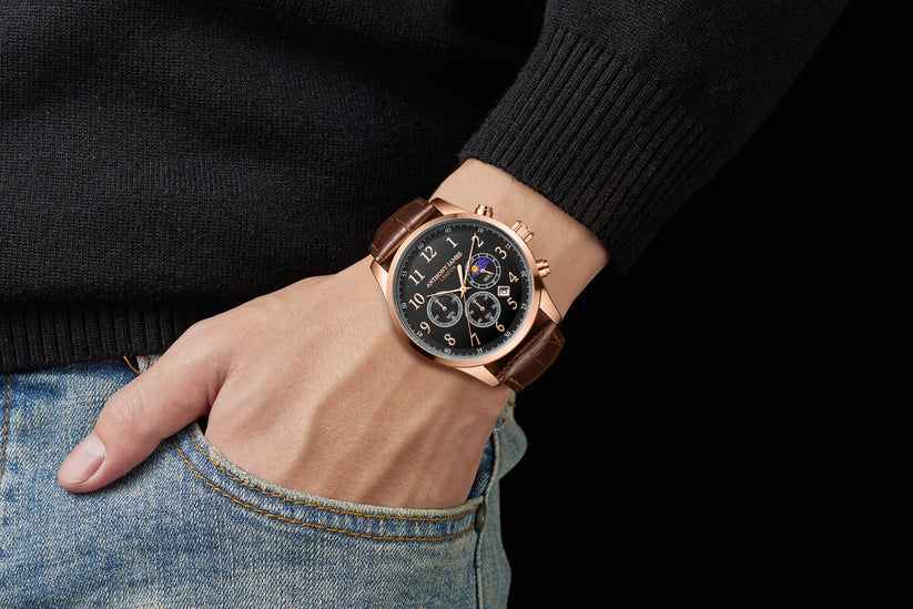 Hand Assembled Anthony James Limited Edition Moonphase Chronograph Rose Black - SJR London Timepiece