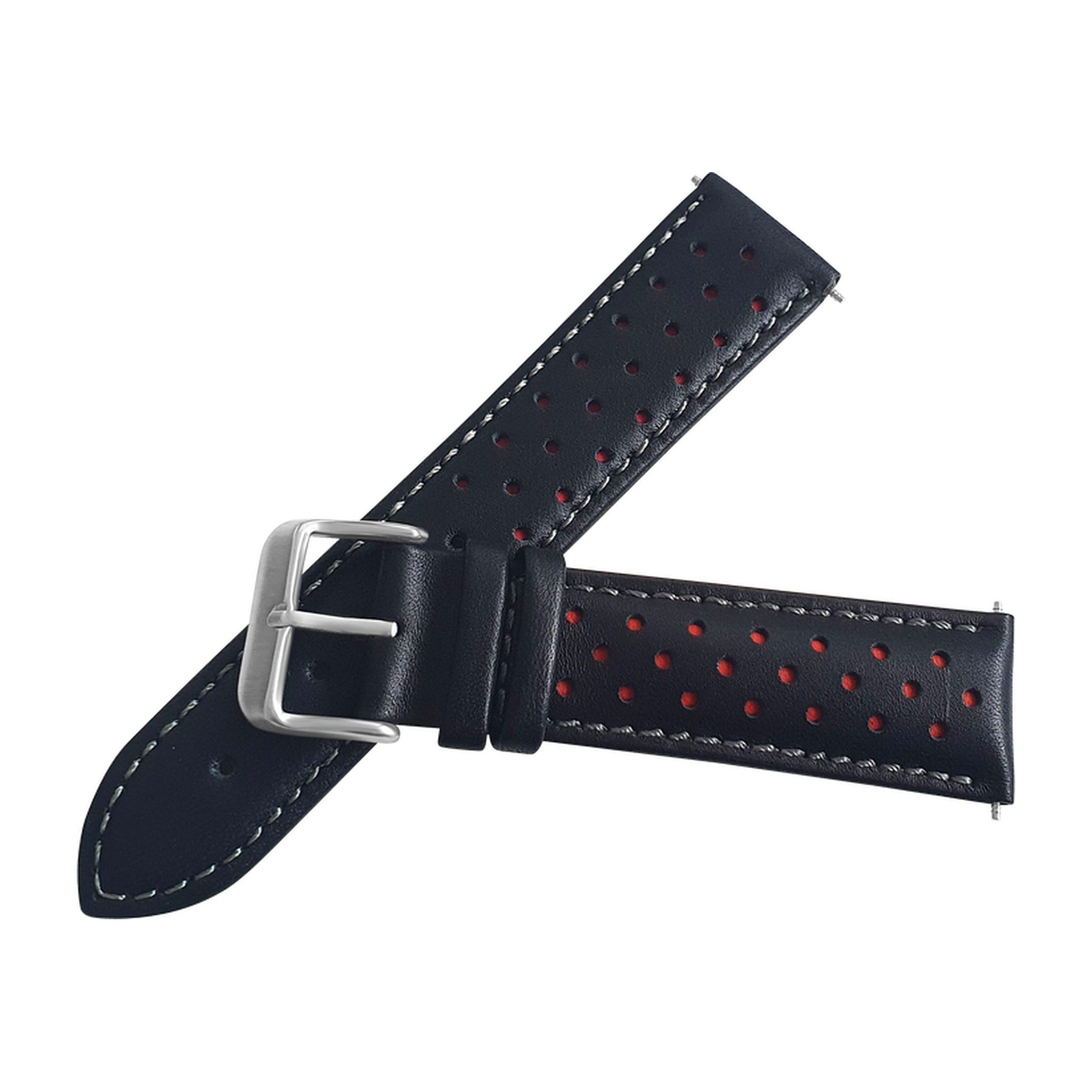 Black And Red Leather Rally Watch Strap, Silver Buckle - SJR London Timepiece
