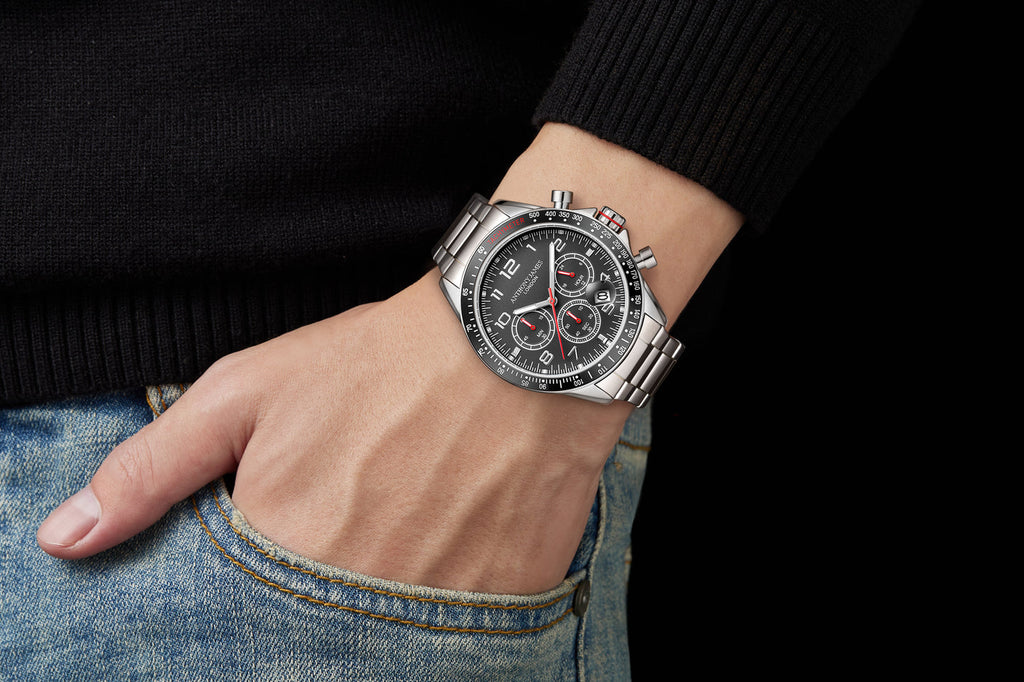 Montre Chronographe Tachymètre Anthony James Édition Limitée Acier Noir Assemblée à la Main