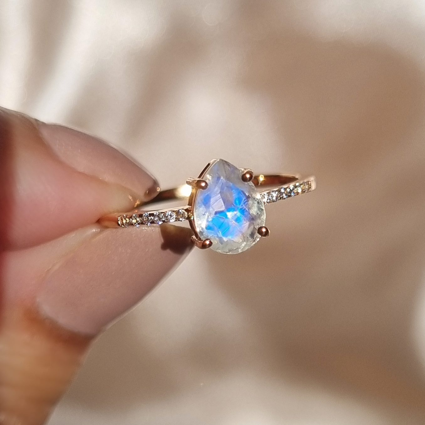 Rainbow Moonstone Ring in Rose Gold Vermeil - SJR London Timepiece