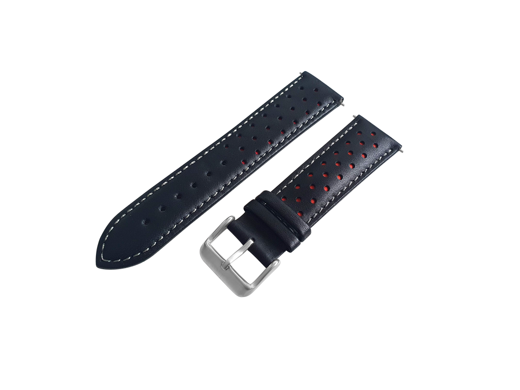 Bracelet de montre rallye en cuir noir et rouge, boucle ardillon argentée