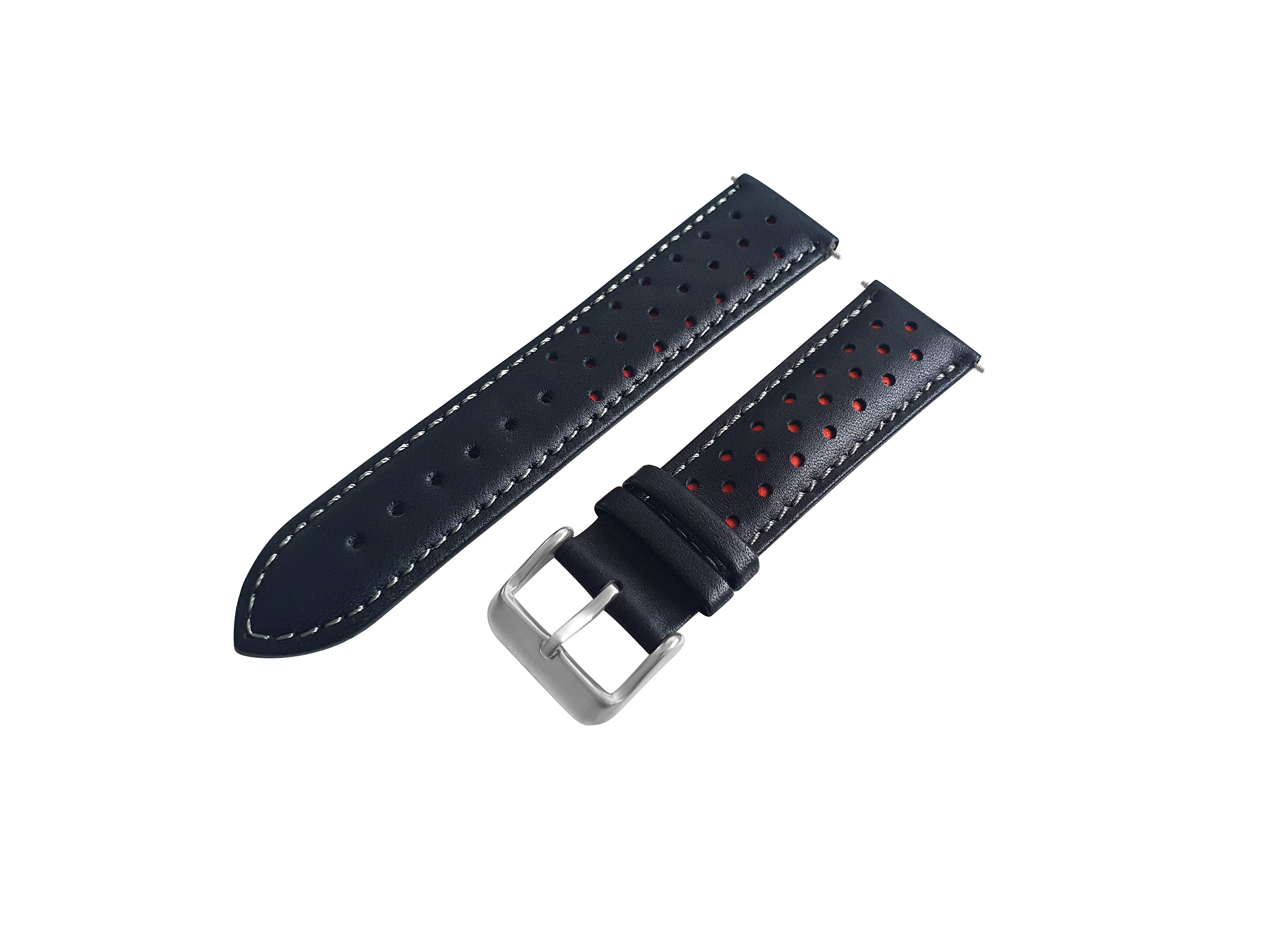 Bracelet de montre rallye en cuir noir et rouge, boucle ardillon argentée