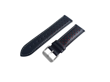 Black And Red Leather Rally Watch Strap, Silver Buckle - SJR London Timepiece