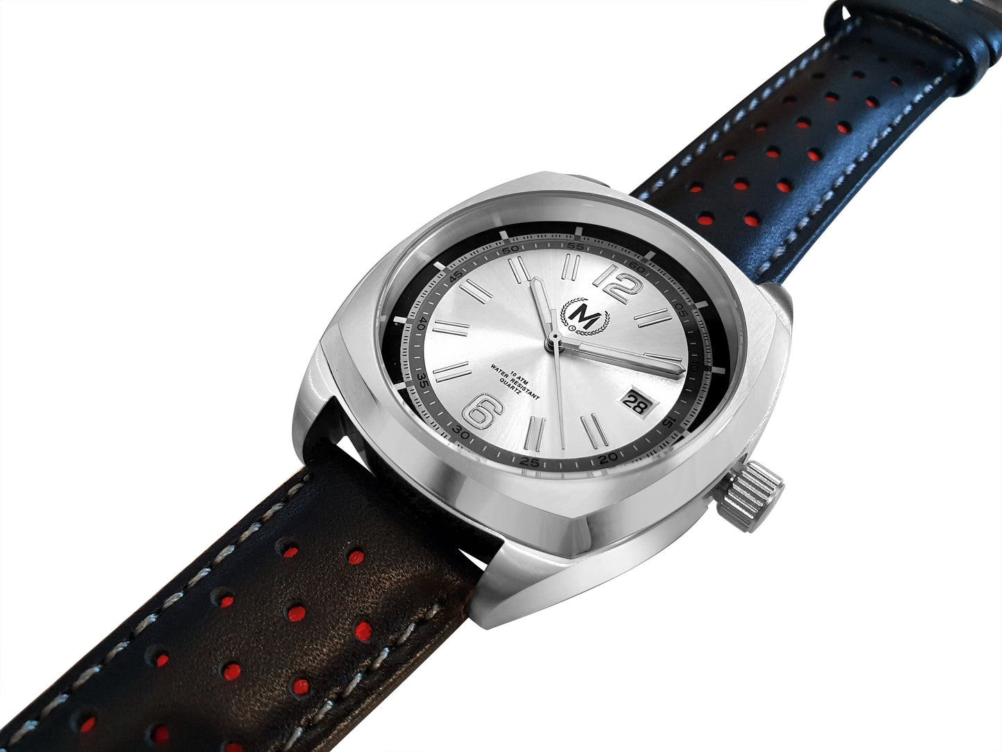 Silver Dial Driver, Black And Red Strap - SJR London Timepiece