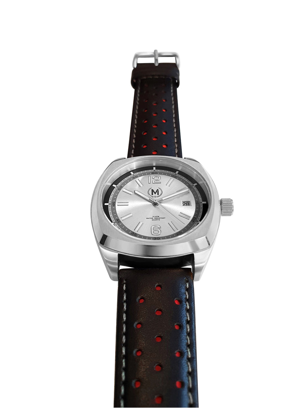 Montre avec cadran argenté, bracelet noir et rouge