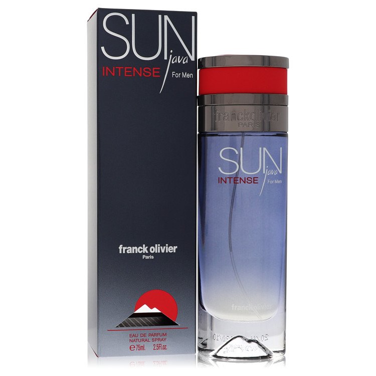 A brown glass bottle with gold accents of Franck Olivier Sun Java Intense Eau De Parfum Spray for Men 2.5 oz by The Fragrance