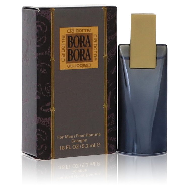 Blue glass bottle with white label featuring a tropical design, Bora Bora Mini Eau de Toilette by Liz Claiborne for Men, 0.18