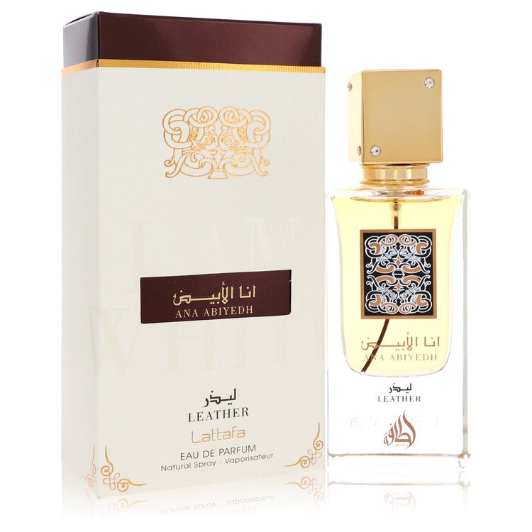 Black leather fragrance bottle with gold details on a white background, Lattafa Ana Abiyedh Leather Eau De Parfum Spray 2 oz 