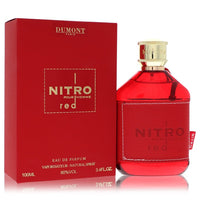 Red fragrance bottle with black cap sitting on a wooden surface, 3.4 oz by The Fragrance Avenue