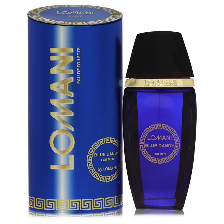 Blue glass bottle with white label and gold accents, Lomani Blue Dandy Eau de Toilette Spray 3.3 oz / 100 ml for Men by The F