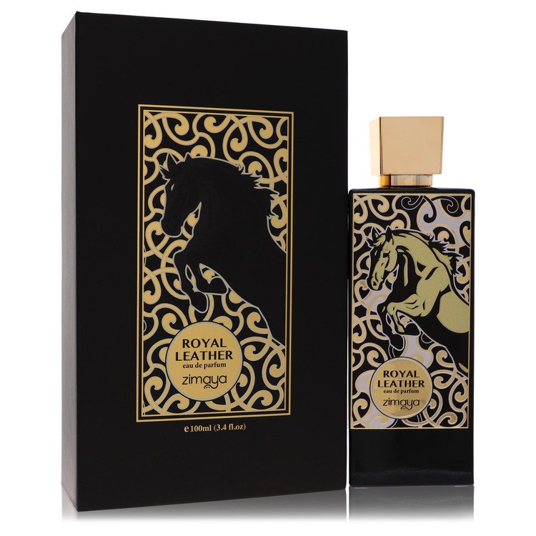 Afnan Zimaya Royal Leather unisex eau de parfum spray in sleek black bottle with gold accents by The Fragrance Avenue.