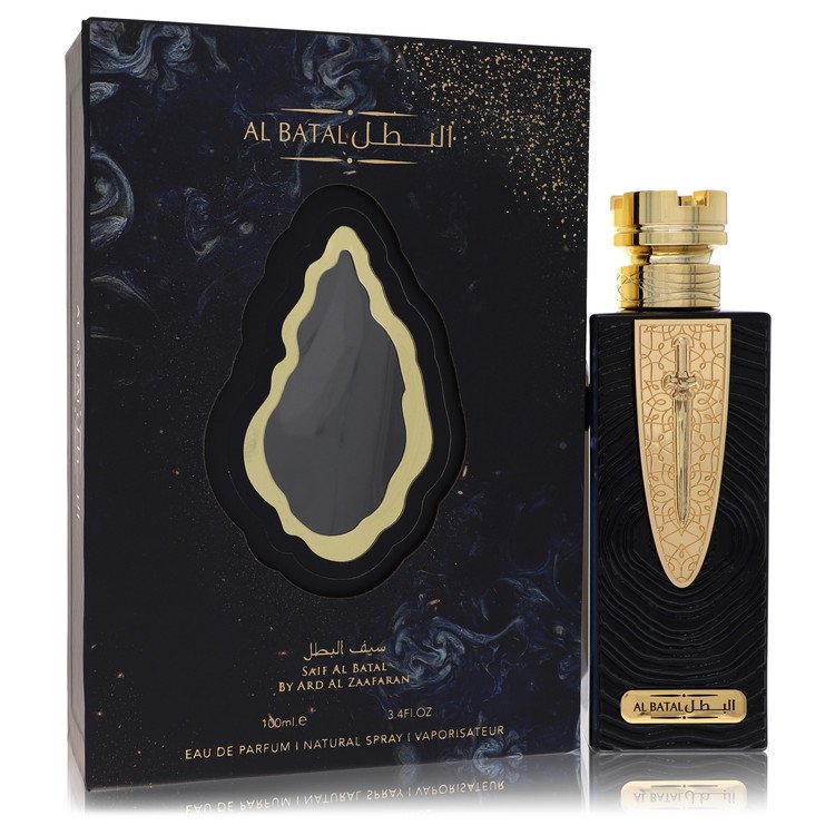 A clear glass bottle with gold accents and a black cap, labeled Al Zaafaran Al Batal Unisex Eau De Parfum Spray 3.4 oz by The