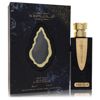 A clear glass bottle with gold accents and a black cap, labeled Al Zaafaran Al Batal Unisex Eau De Parfum Spray 3.4 oz by The