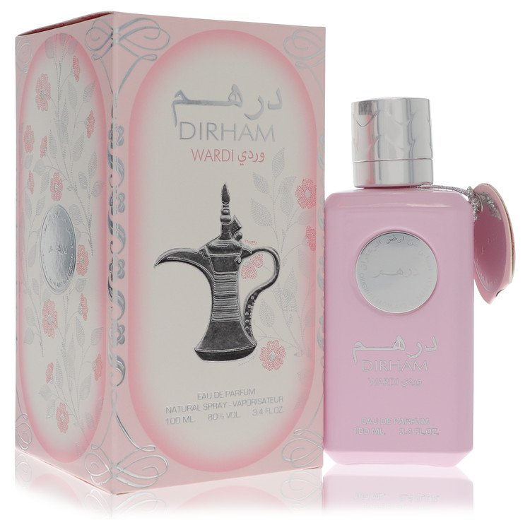 Gold bottle of Al Zaafaran Dirham Wardi Women's Eau De Parfum Spray 3.4 oz / 100 ml resting on a white surface by The Fragran