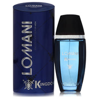 A blue glass bottle with gold lettering on a white background, labeled Lomani Kingdom Eau de Toilette Spray 3.3 oz for Men by