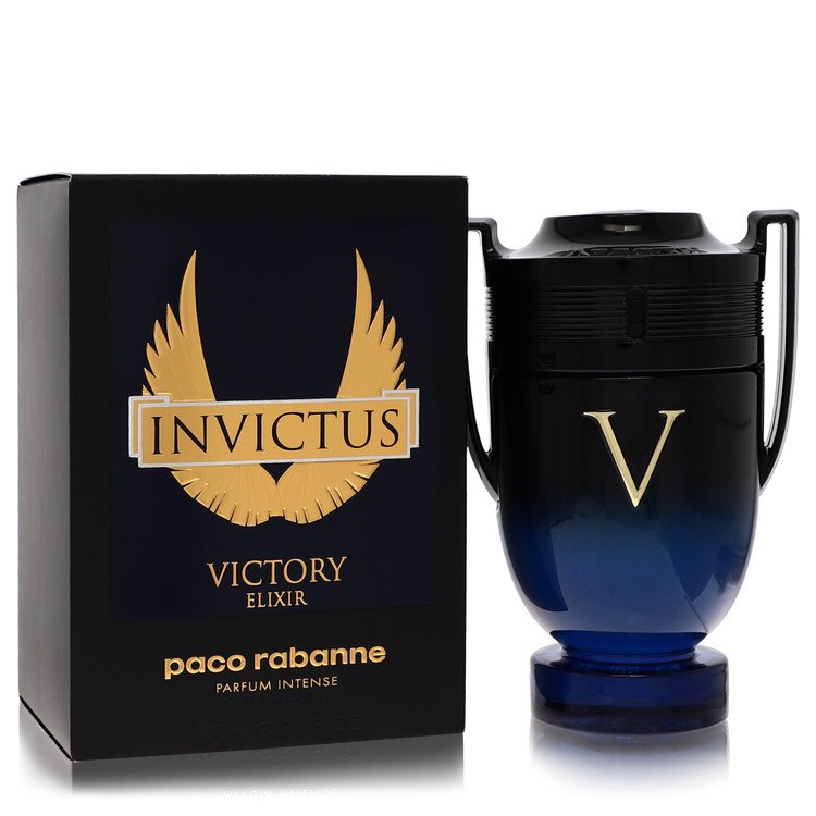Paco Rabanne Invictus Victory Elixir Intense Spray 3.4 oz in black bottle with gold accents by The Fragrance Avenue