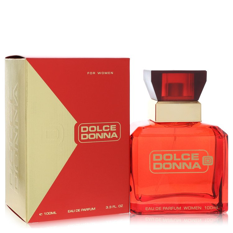A clear glass perfume bottle with gold accents and a white label reading "Dolce Donna" by The Fragrance Avenue.