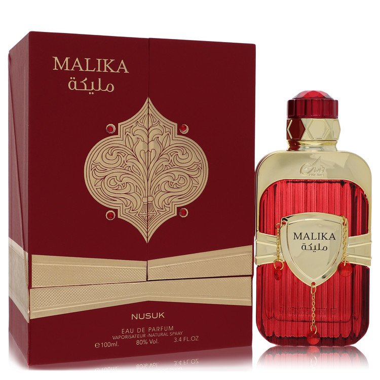 A clear glass bottle with gold accents and a pink label, labeled "Nusuk Malika" on a white background by The Fragrance Avenue