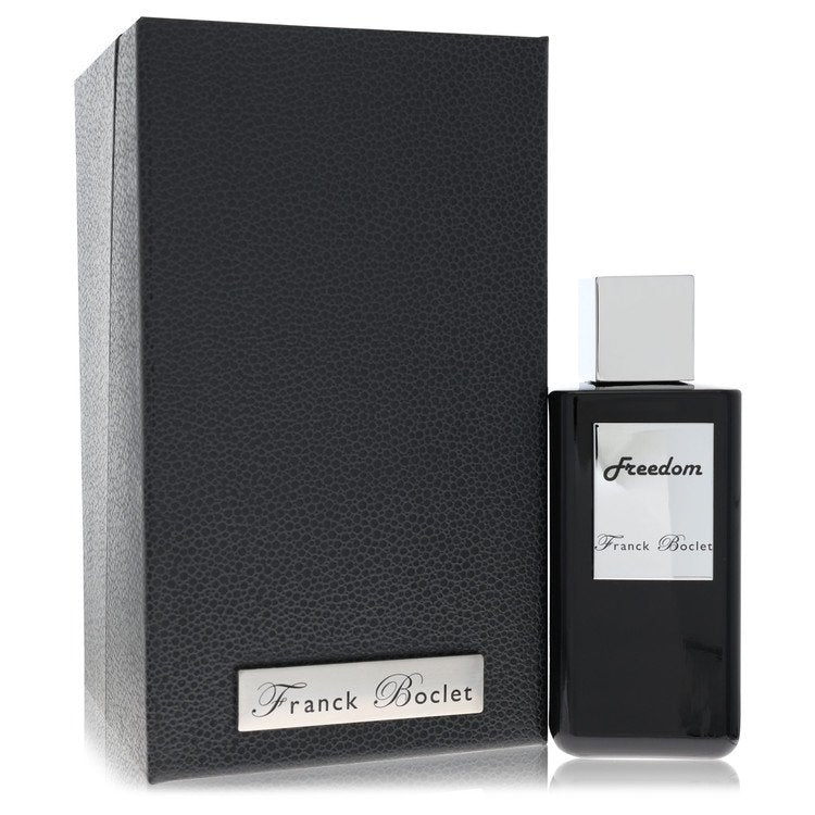 A clear glass perfume bottle with a black cap and gold accents, labeled "Freedom" by The Fragrance Avenue.