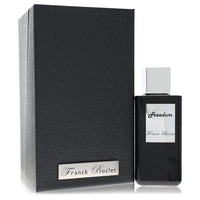 A clear glass perfume bottle with a black cap and gold accents, labeled "Freedom" by The Fragrance Avenue.