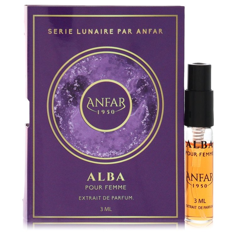 Anfar Alba sample in clear glass bottle with gold cap, displayed on a white background by The Fragrance Avenue.