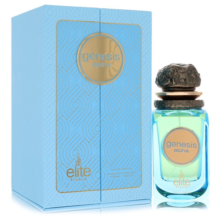 Blue glass bottle of Risala Eau De Parfum Spray 3.4 oz / 100 ml Elite Genesis Alpha for Men resting on a wooden surface by Th