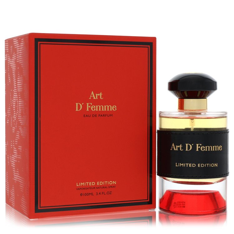 A clear glass perfume bottle with gold accents and a white label reading "Le Vogue" by The Fragrance Avenue.