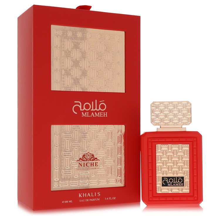 A clear glass perfume bottle with a black cap and gold label, labeled Khalis Milameh Niche Collection by The Fragrance Avenue