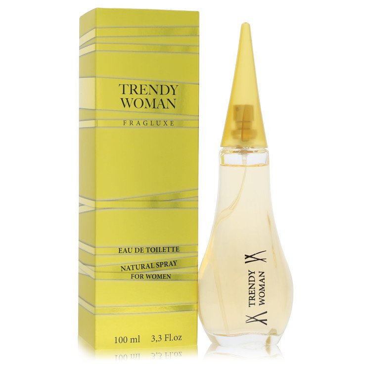 A clear glass bottle with a gold cap and pink label, featuring the fragrance name "Trendy Woman" on a white background, by Th