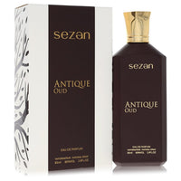 Dark blue bottle of Sezan Antique Oud Eau de Parfum Spray for Men 2.9 oz by The Fragrance Avenue