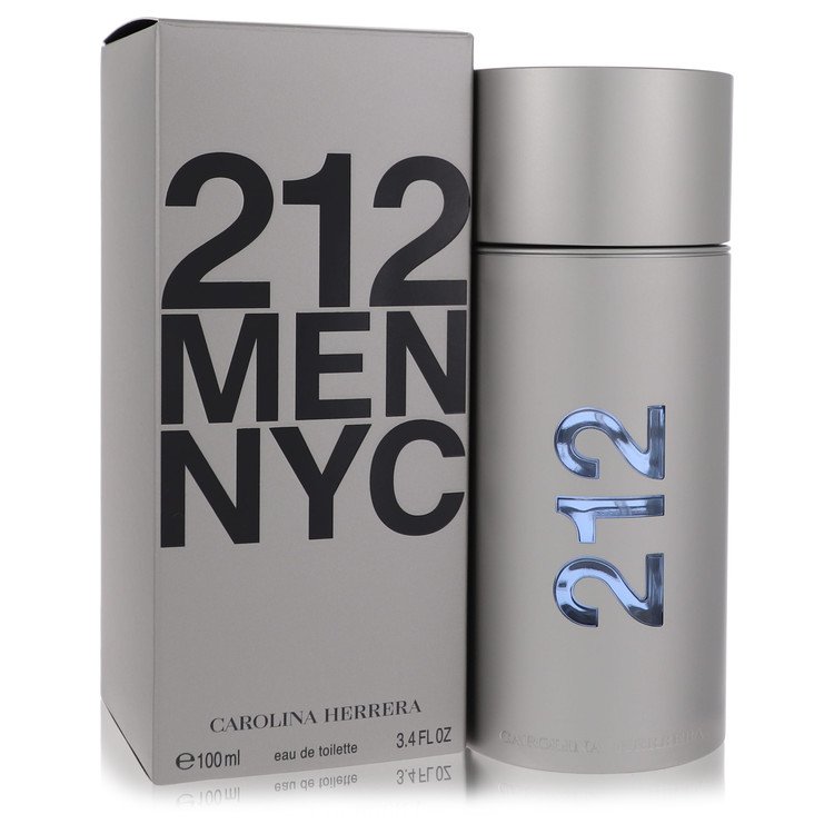 Blue glass bottle with gold accents featuring a modern design for 212 by Carolina Herrera Eau de Toilette Spray in new packag