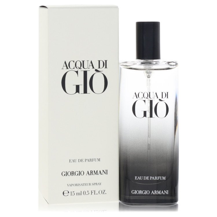 Blue glass bottle of Acqua Di Gio by Giorgio Armani Eau De Parfum Spray 0.5 oz / 15 ml for Men by The Fragrance Avenue