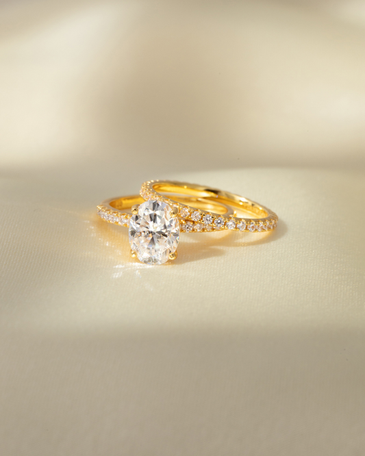 2 ct Oval Solitaire Moissanite Engagement Ring with Pavé Band in 18k Gold Vermeil - SJR London Timepiece