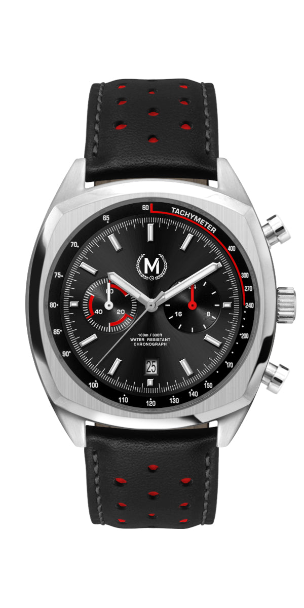 Black And Red Leather Rally Watch Strap, Silver Buckle - SJR London Timepiece