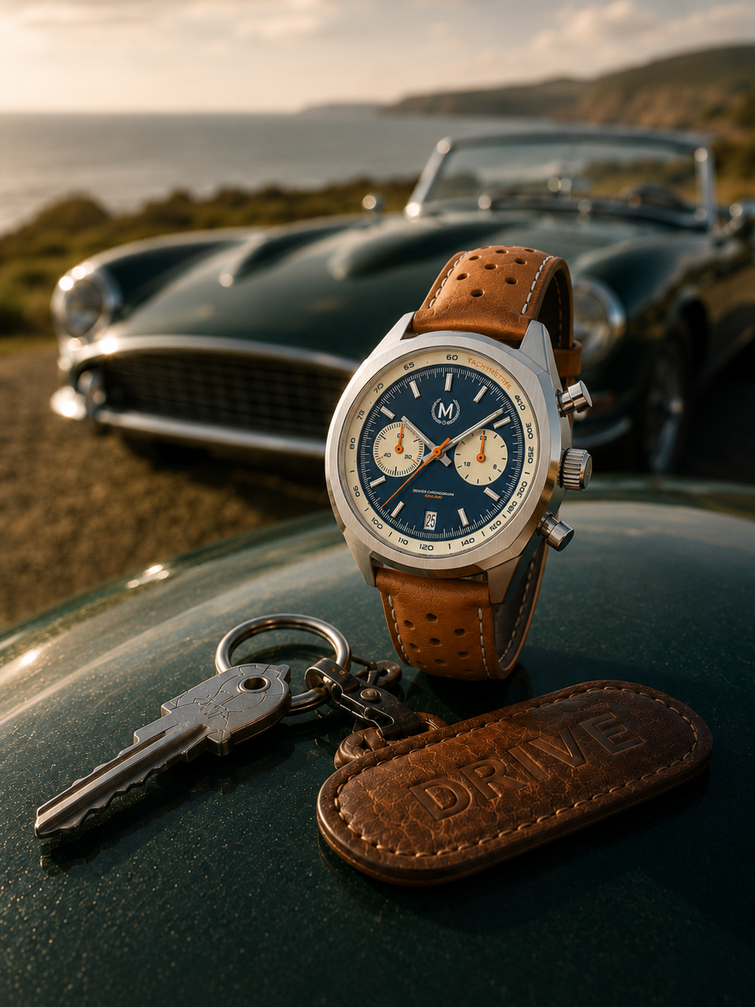 Chronographe Driver MKII Quartz, cadran bleu Panda inversé, bracelet marron clair (PRÉCOMMANDER DÈS MAINTENANT)