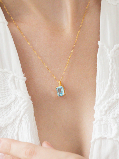 Blue topaz Emerald Cut Pendant Necklace in 18k Gold Vermeil - SJR London Timepiece