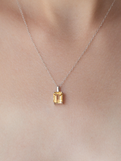 Citrine Emerald Cut Pendant Necklace in Sterling Silver - SJR London Timepiece
