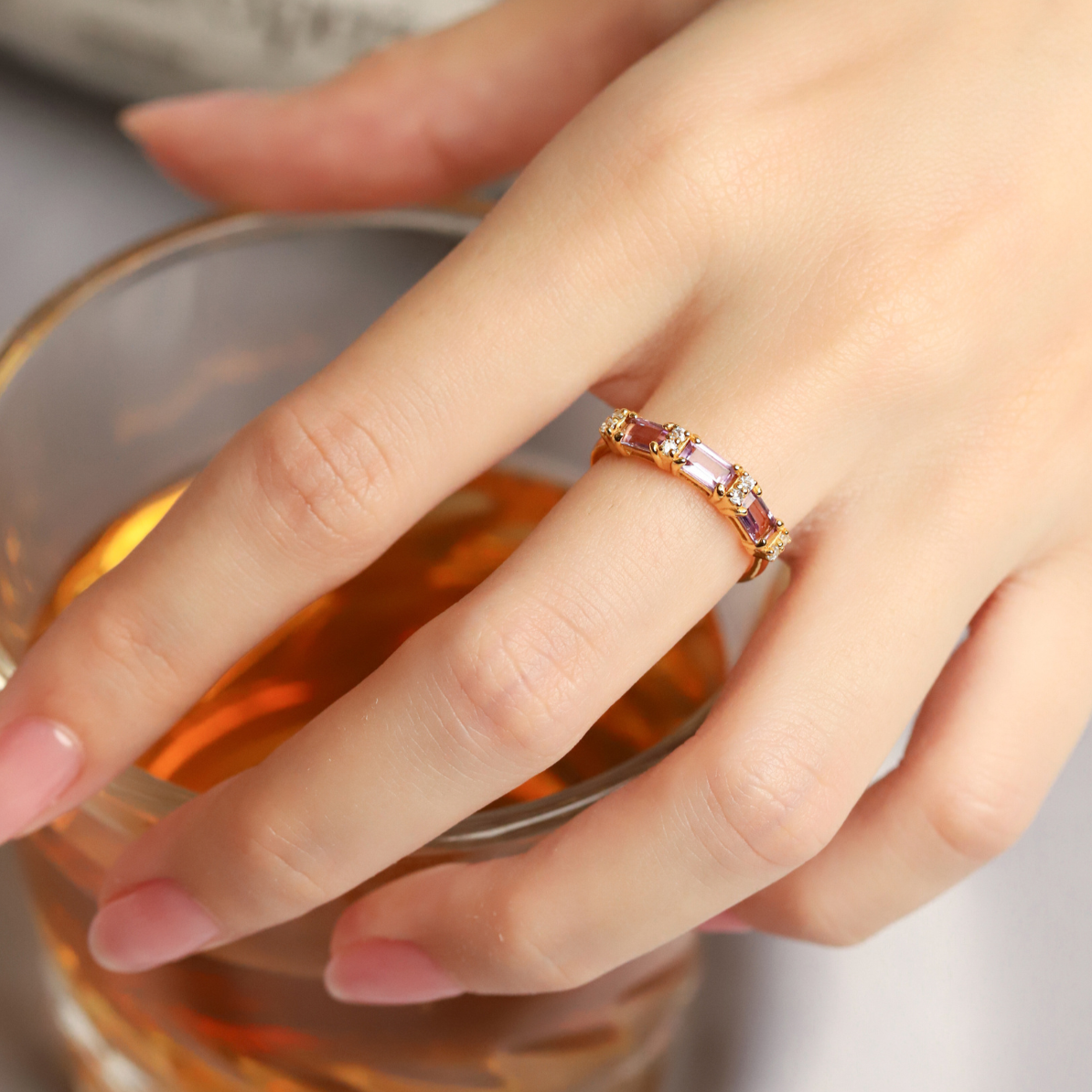 Lavender Amethyst Emerald Cut Eternity Ring in 18k Gold Vermeil - SJR London Timepiece